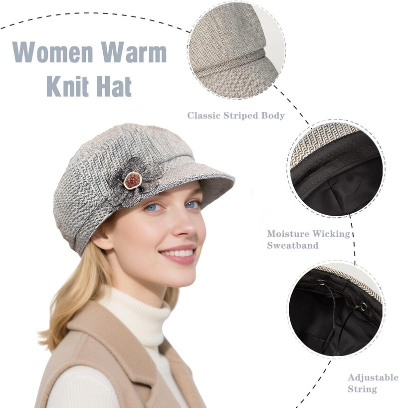stablerice 2 Pcs Womens Newsboy Cap Women Retro Classic Visor Newsboy Cabbie Cap Beret Hats with Flower Buckle - Image 3